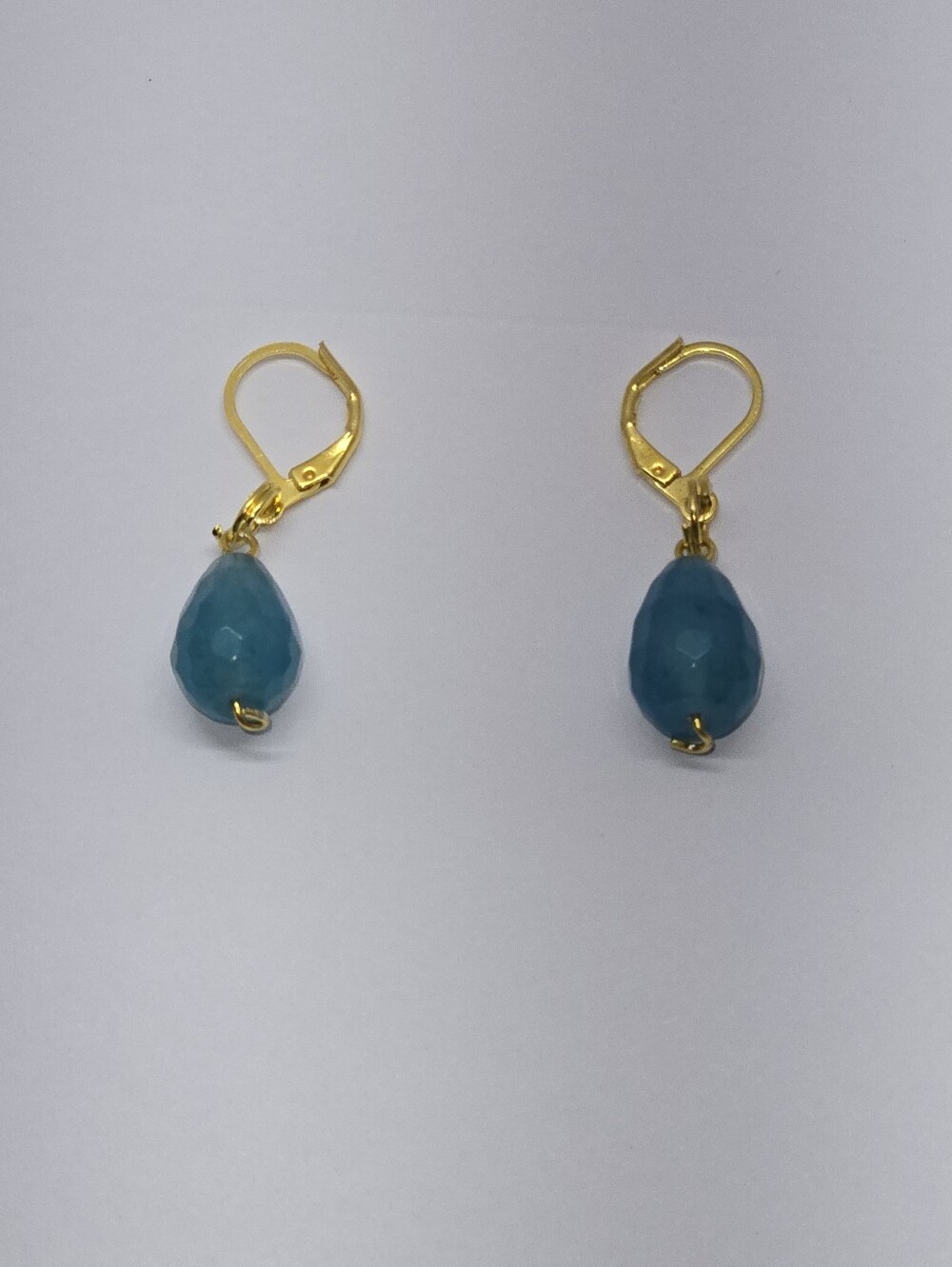 Gold Leverback Earrings with Blue Aquamarine Teardrop Gemstones